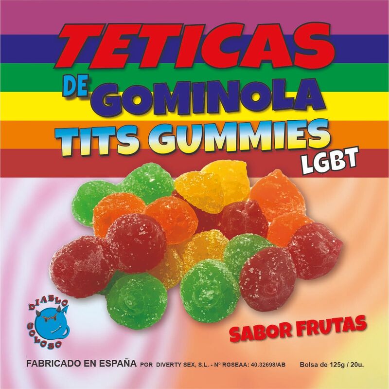 DIABLO GOLOSO - SCATOLA GUMMY CON TETTE DI ZUCCHERO GUSTO FRUTTA 6 COLORI E GUSTI LGBT MADE IS SPAIN /es/pt/en/fr/it/