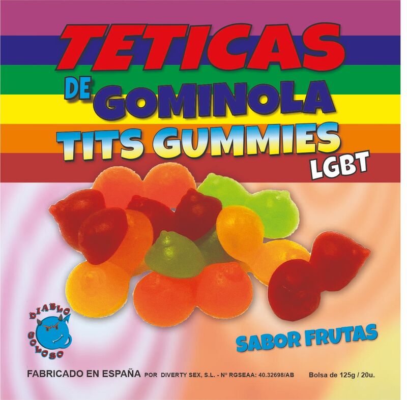 DIABLO GOLOSO - GUMMY BOX GUSTO FRUTTA GLITTER TITS 6 COLORI E GUSTI LGBT MADE IS SPAIN /es/pt/en/fr/it/