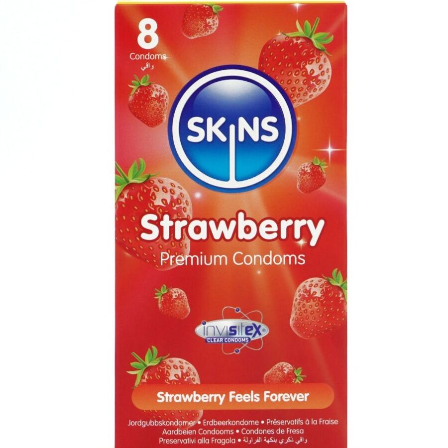 SKINS - PRESERVATIVI PREMIUM ALLA FRAGOLA CONFEZIONE DA 8 SKINS - PRESERVATIVI PREMIUM ALLA FRAGOLA CONFEZIONE DA 8