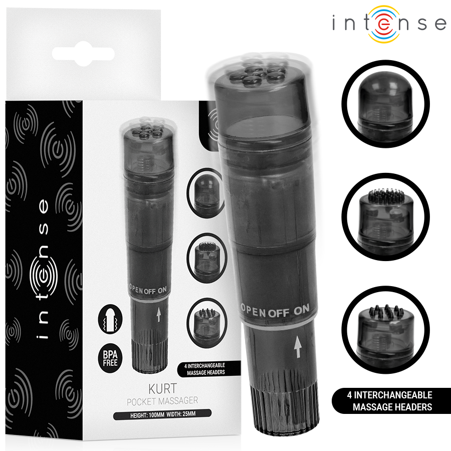 INTENSE - MINI MASSAGGIATORE KURT CON 4 TESTINE INTERCAMBIABILI NERO INTENSE - MINI MASSAGGIATORE KURT CON 4 TESTINE INTERCAMBIABILI NERO